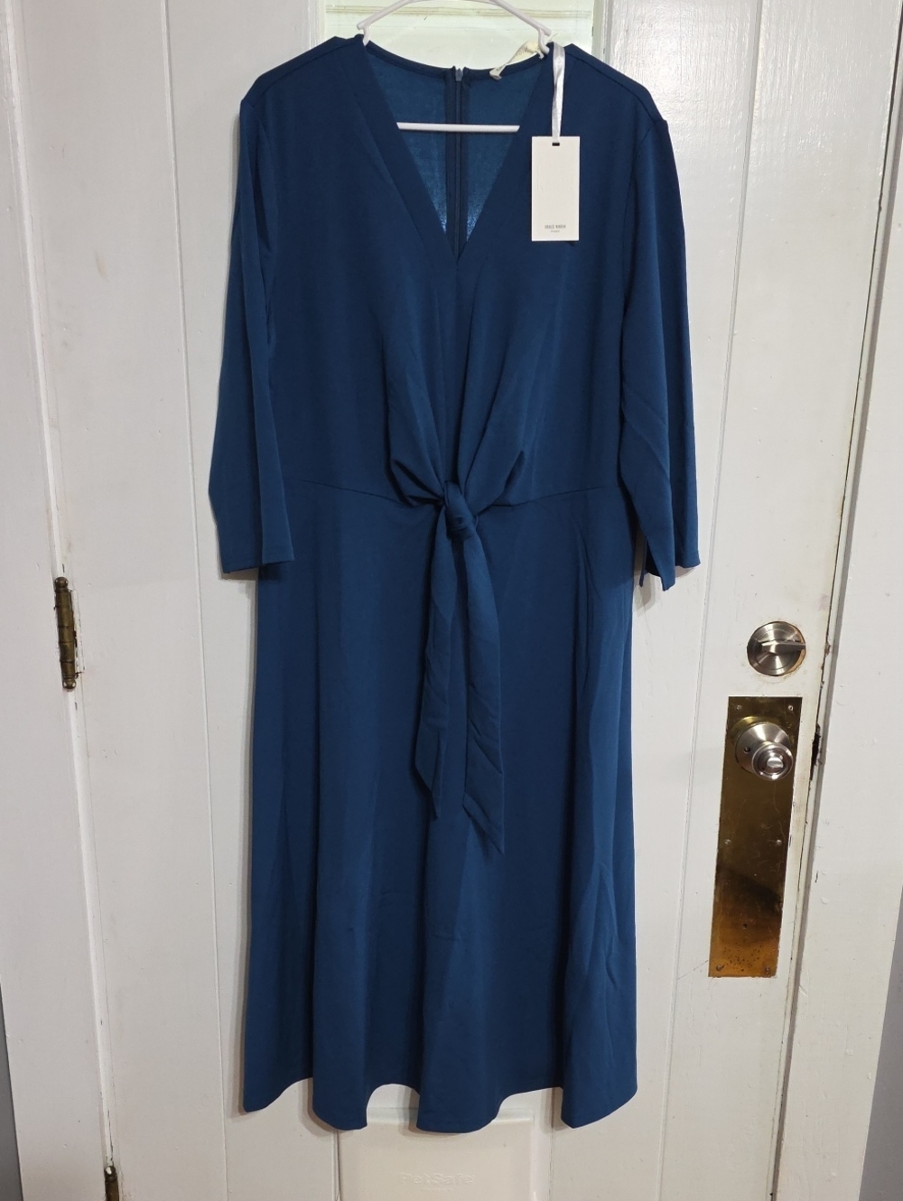 NWT Grace Karin Women's Dress Dark Teal Tie At Waist Zips Mid Calf Stretch 2XL